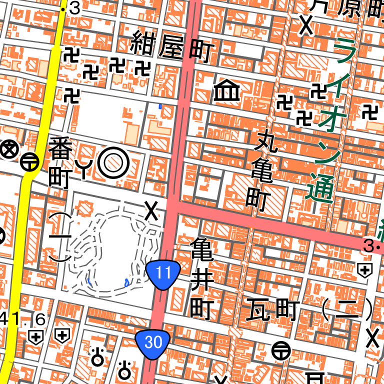 丸亀町6-6周辺の地図。丸亀町商店街と国道11号の北側に位置します。